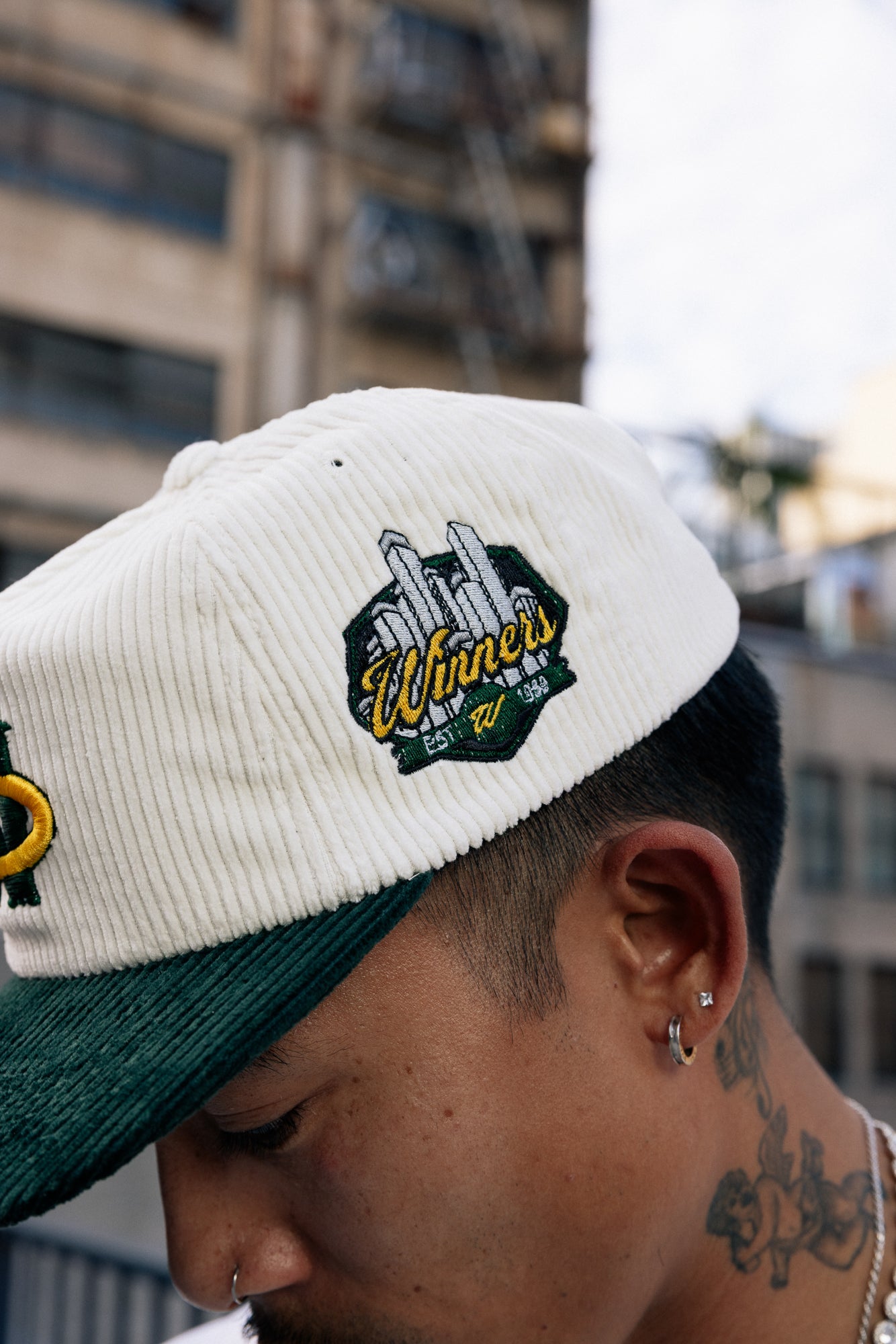 Winner Circle “Legacy” Hat – White/Forest Green Corduroy