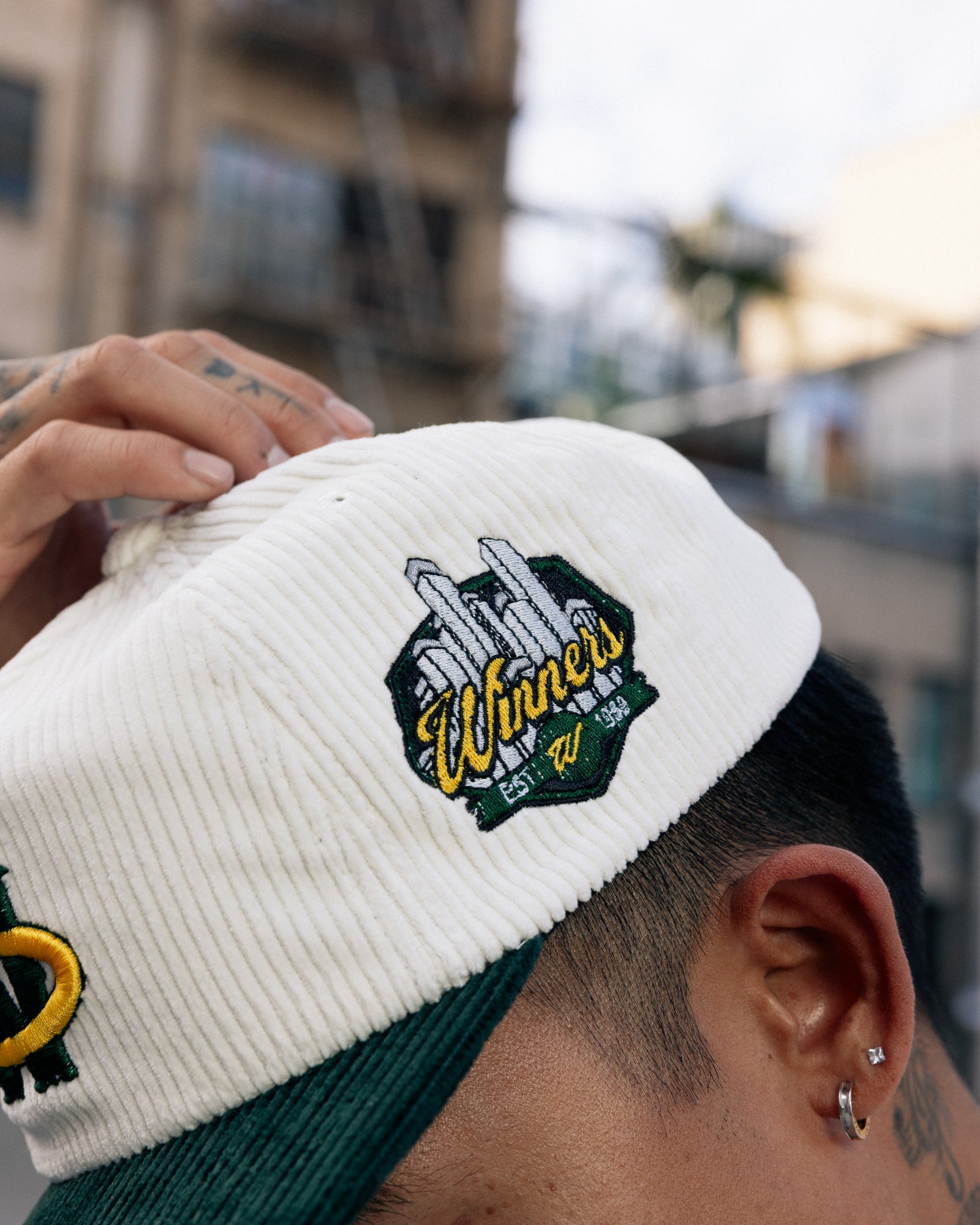 Winner Circle “Legacy” Hat – White/Forest Green Corduroy